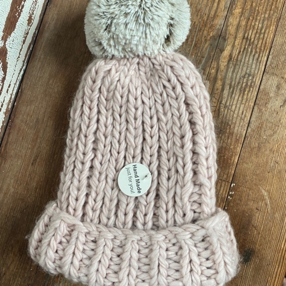 Lemon Pink Chunky Hand Knit Pom Beanie - Picture 1 of 7